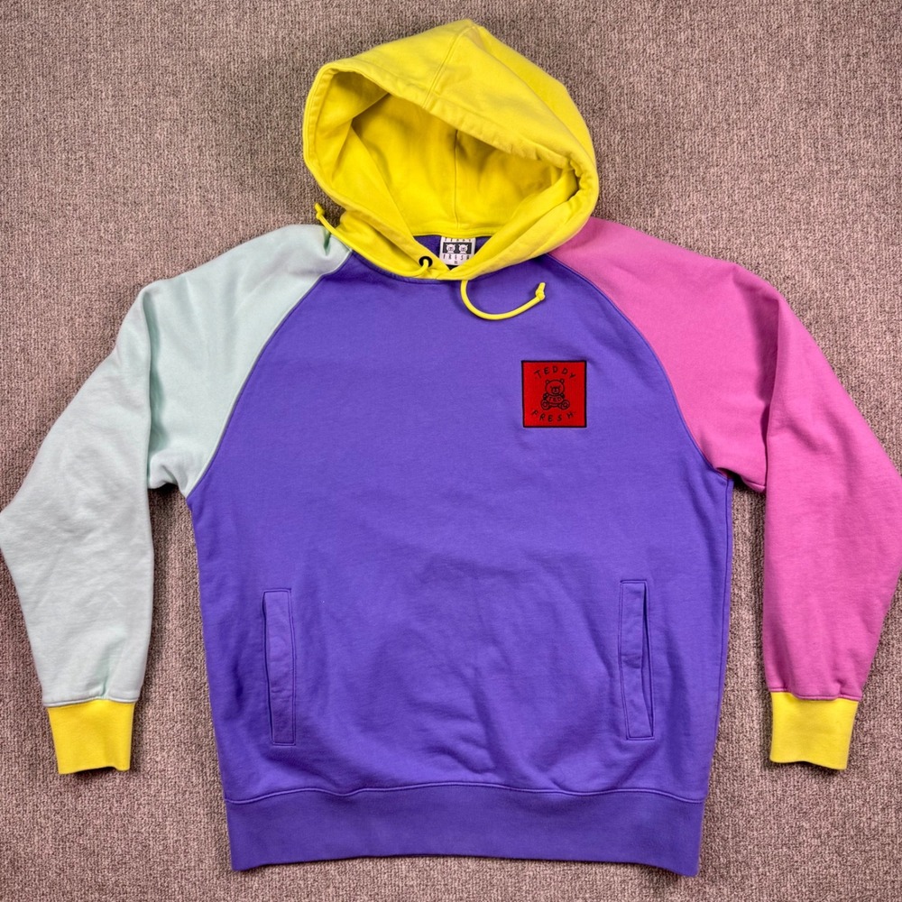 Teddy Fresh Colorblock Hoodie XL Purple Yellow Multicolor Streetwear Pullover - Picture 5 of 8